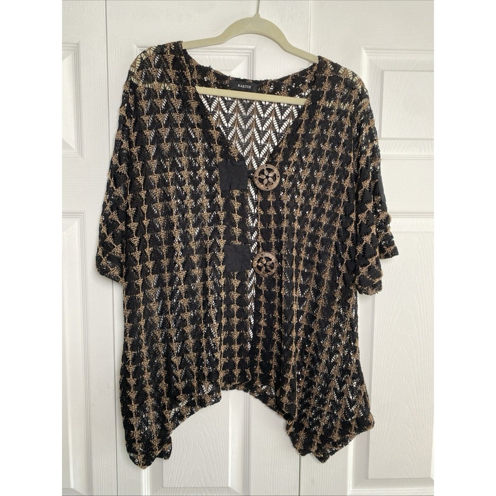 Kaktus Boho Open Knit Cardigan Womens Size 1X Black Gold Crochet Metallic Top